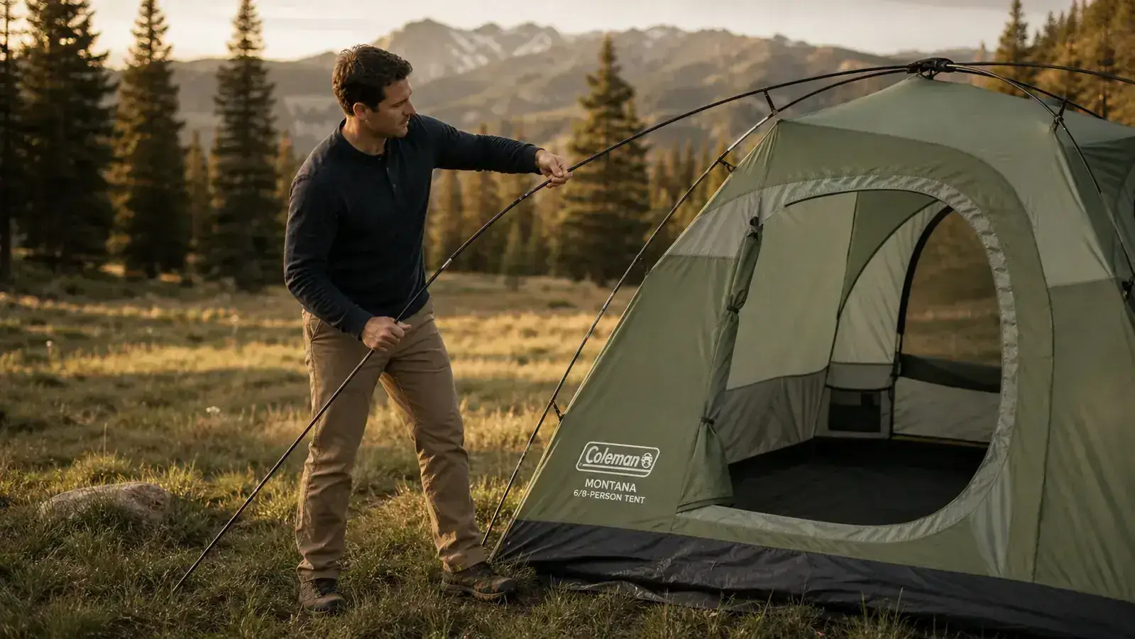 Family standing upright inside a roomy cabin tent, showing the near-vertical walls and full headroom