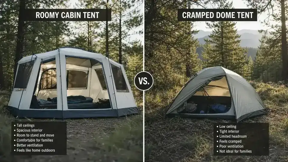 Cabin tent with rainfly attached standing steady in light rain at a campground
