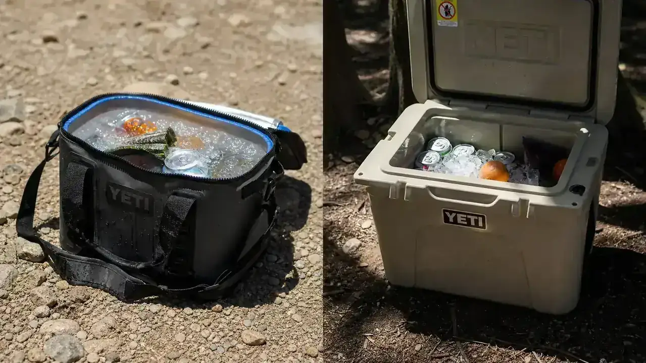 Camper sitting on a hard cooler used as a camp seat beside a fire ring