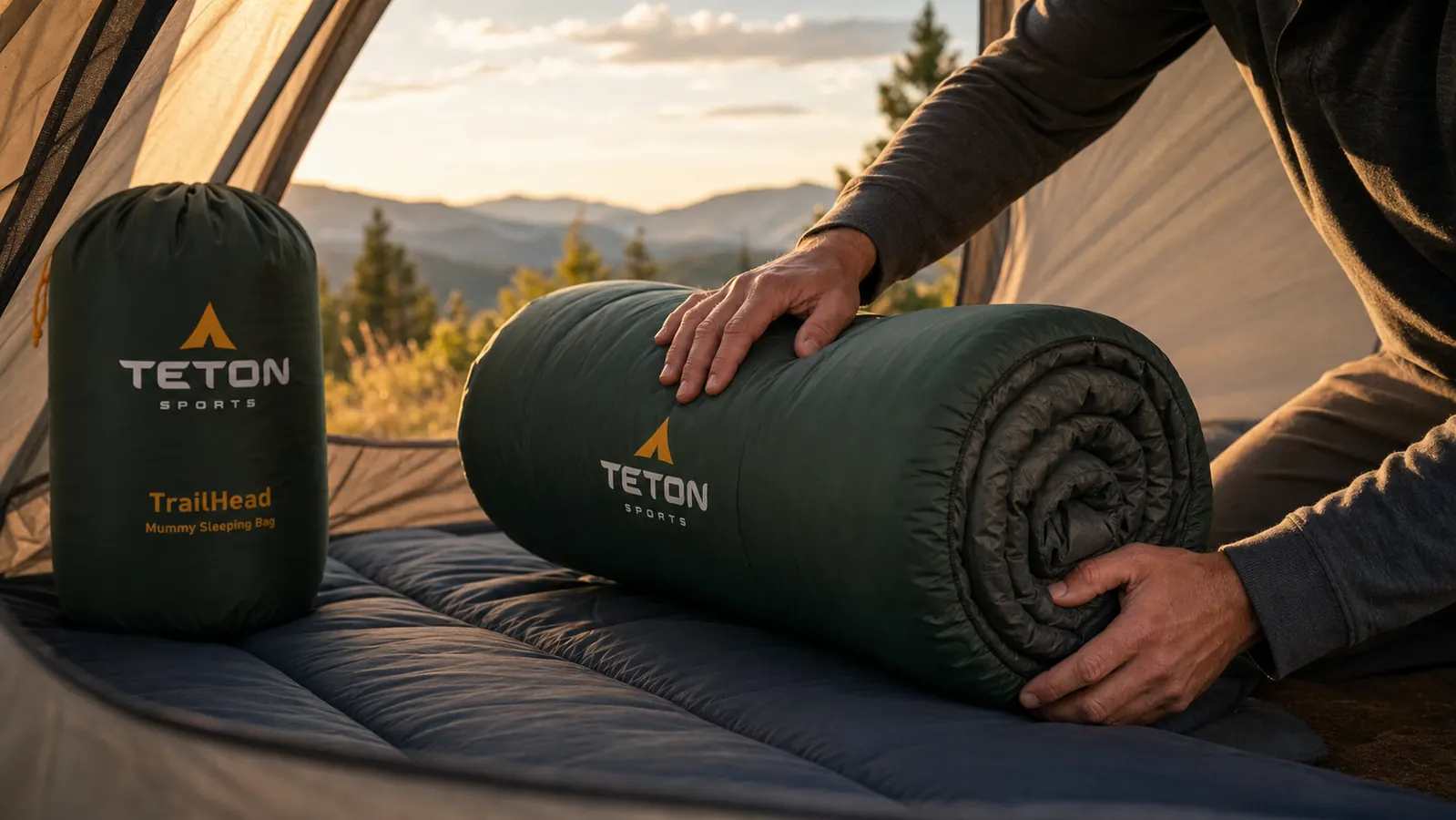 TETON Sports TrailHead mummy sleeping bag laid flat showing the tapered mummy shape from hood to foot box
