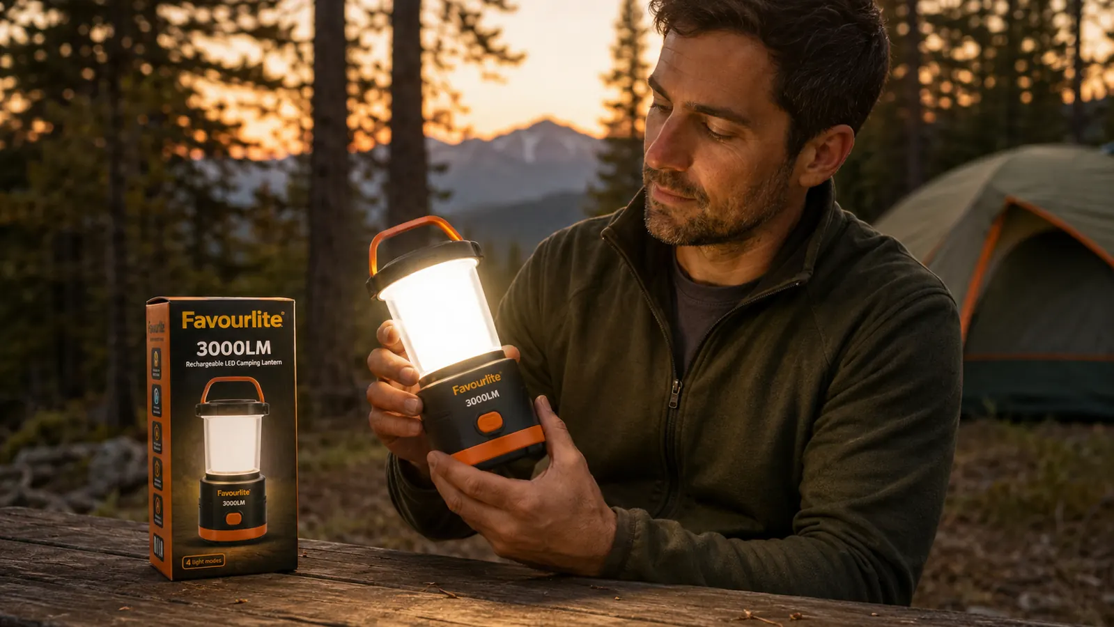 Hand plugging a USB-C cable into the bottom of a compact camping lantern beside a portable power bank