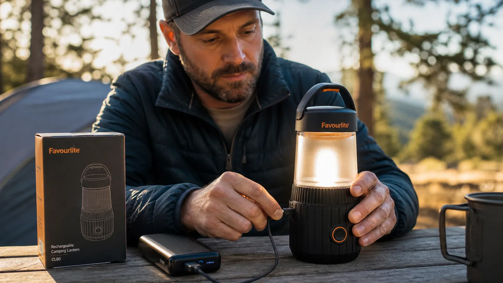 Camping lantern set to red night-vision mode hanging from a tent loop in the dark