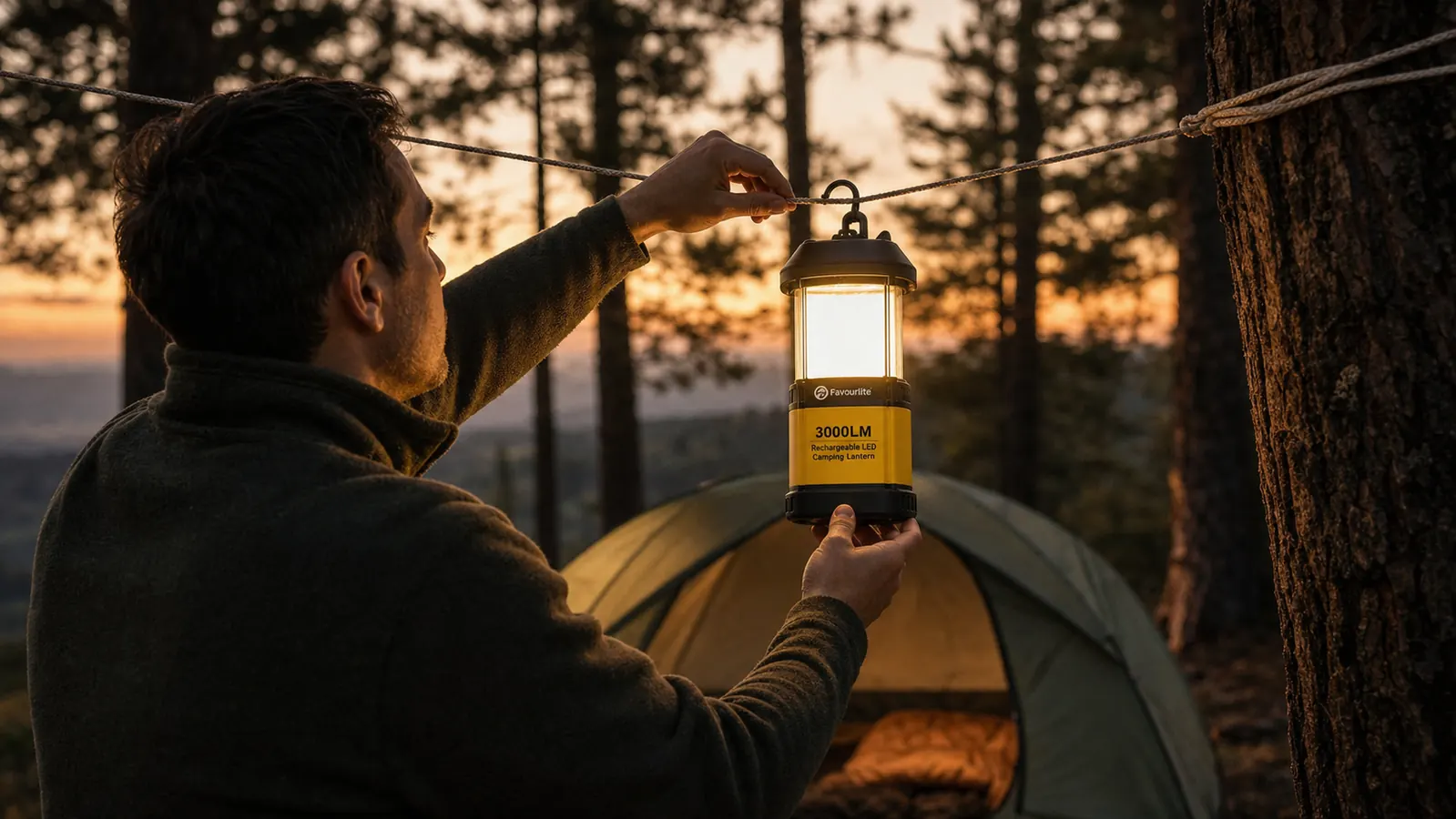 Hand holding a small rechargeable LED camping lantern at full brightness, illuminating a campsite cooking area