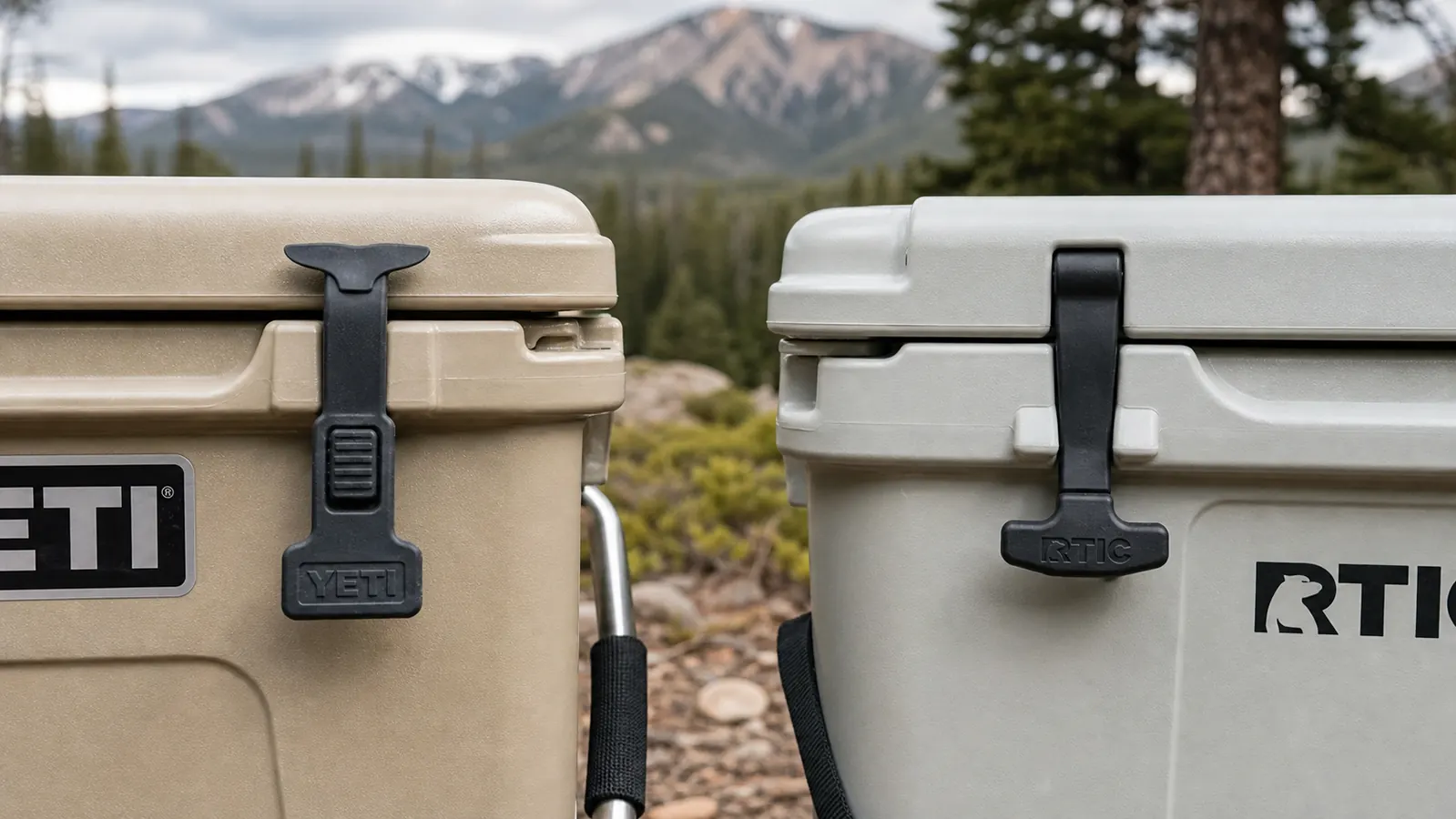 Camper loading groceries and drinks into a hard cooler next to a truck tailgate at a trailhead parking area