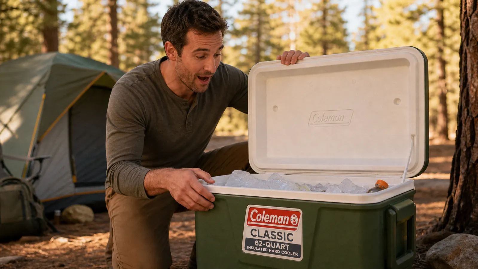 Coleman Classic cooler open showing ice and packaged food organized inside with raw steaks in zip-lock bags visible