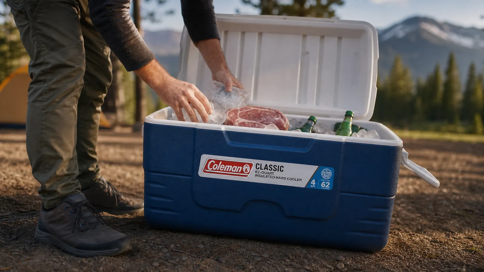 Interior view of a camping cooler on day four showing remaining ice and cold food still in good condition