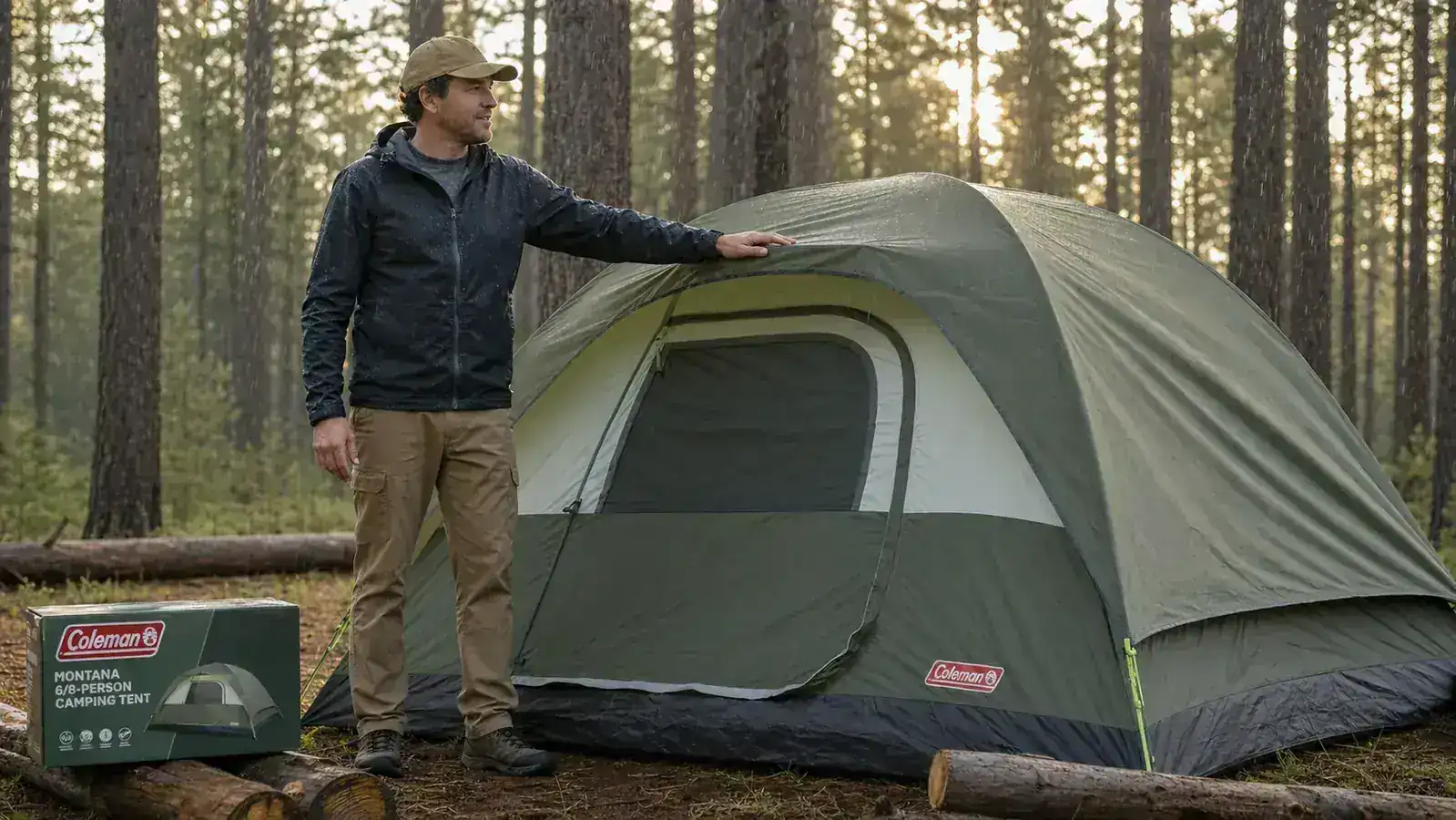 Two adults carrying a heavy Coleman Montana tent bag across a parking lot to a campsite