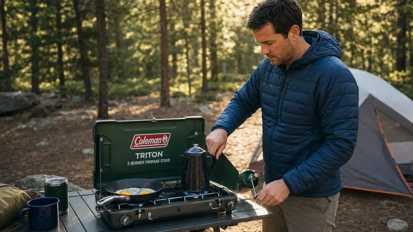Side-by-side overhead view of the Coleman Triton cooking grate and burner layout compared to a competing two-burner camp stove