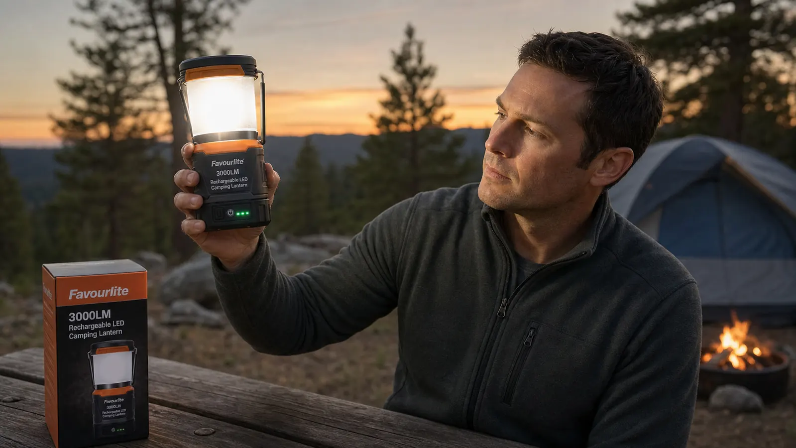 Hand holding the Favourlite lantern showing the USB-C charging port and control button