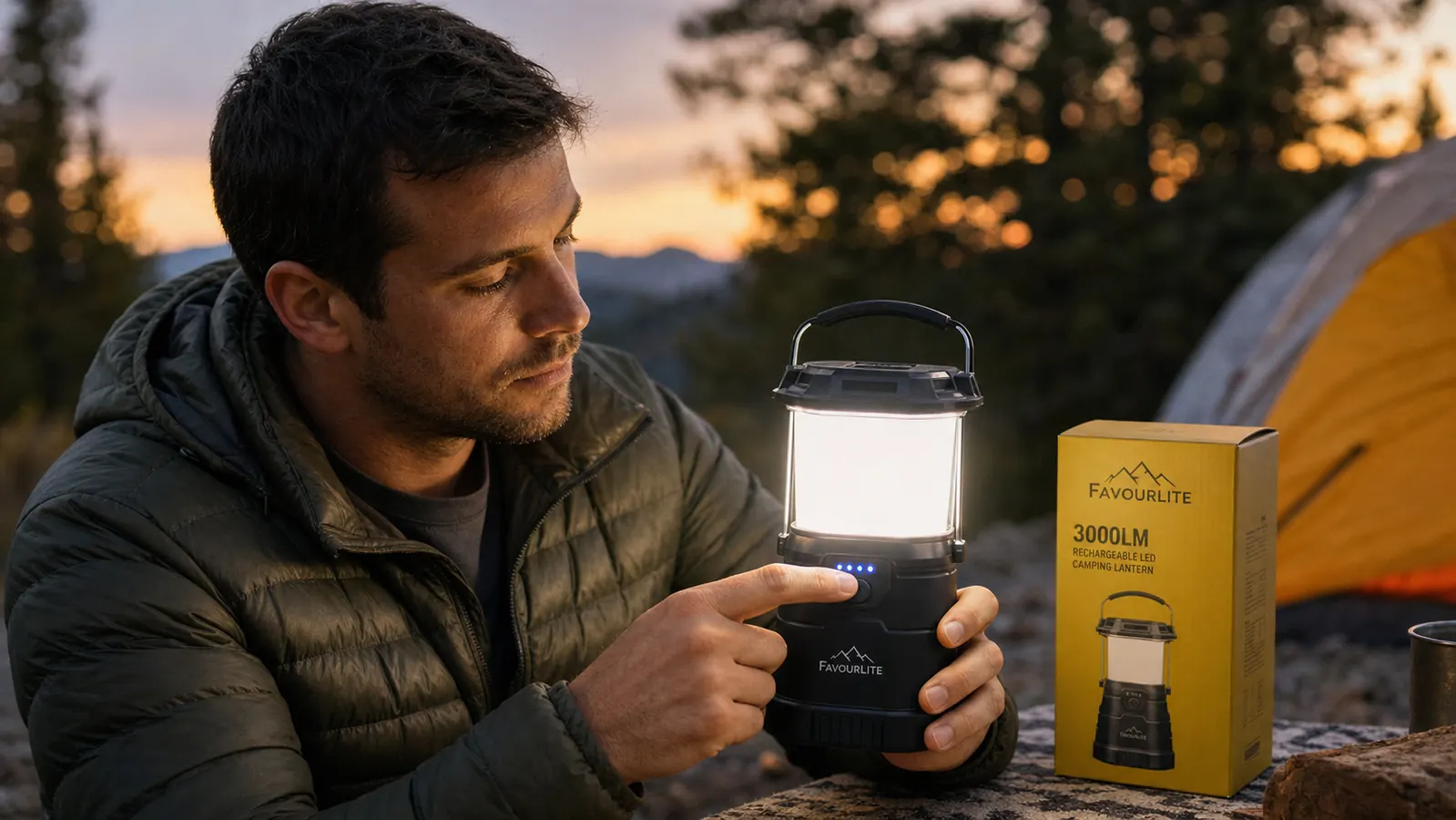 Hand turning the dial on the Favourlite camping lantern to adjust brightness, stainless camp mug and map nearby