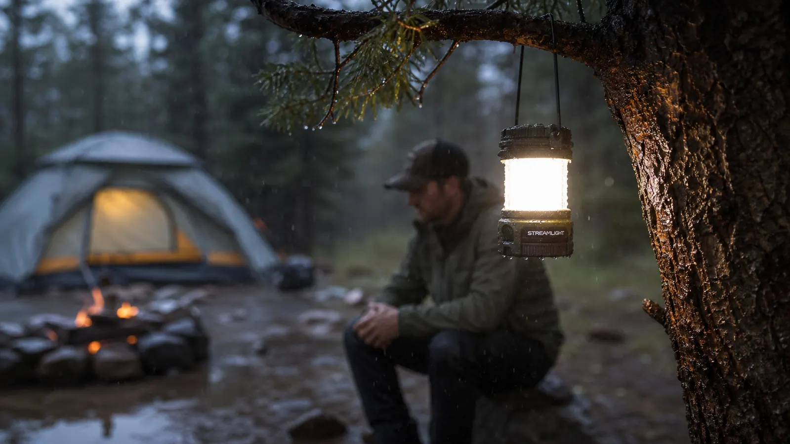 Favourlite lantern hanging from a tent ridge cord inside a canvas tent, illuminating sleeping bags and gear below