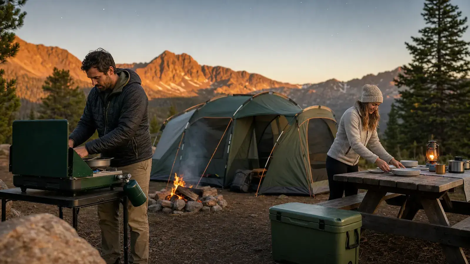 A camp stove, cooler, and tent set up at a Colorado campsite at golden hour with mountains in the background