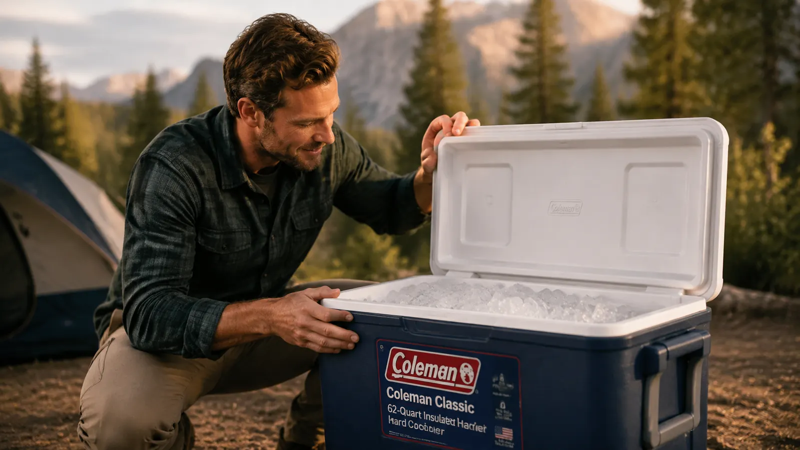 Interior of Coleman Classic cooler on day four of a camping trip with food still cold and ice intact