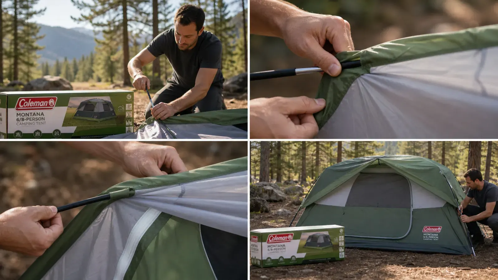 Man spreading out the Coleman Montana tent footprint on flat ground before assembly