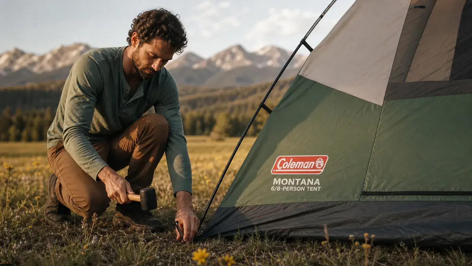 Close-up of hands threading a tent pole through the pole sleeve on the Coleman Montana tent