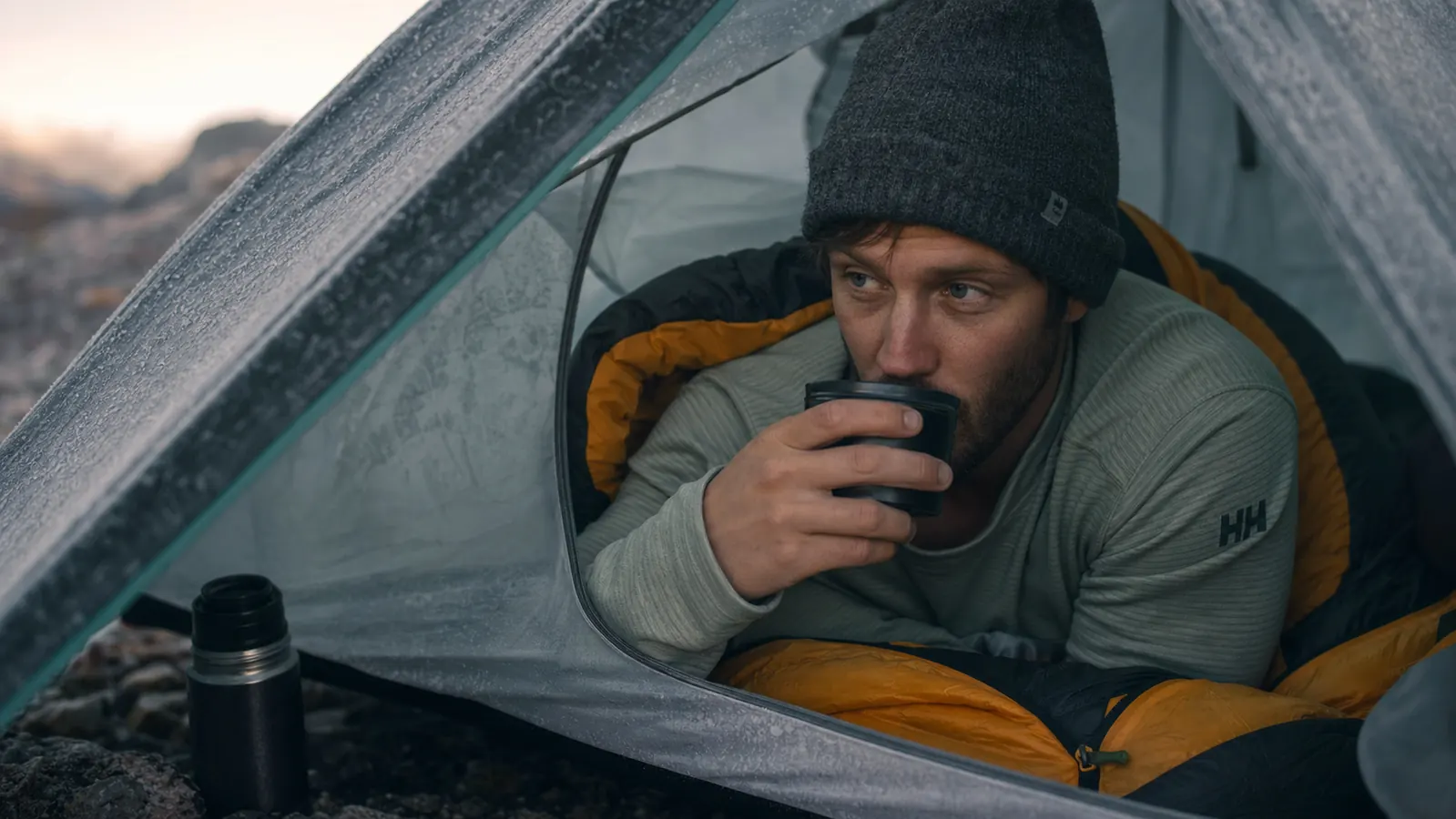 Camper filling a hard-sided water bottle with hot water before bed, steam rising, headlamp on, tent in background
