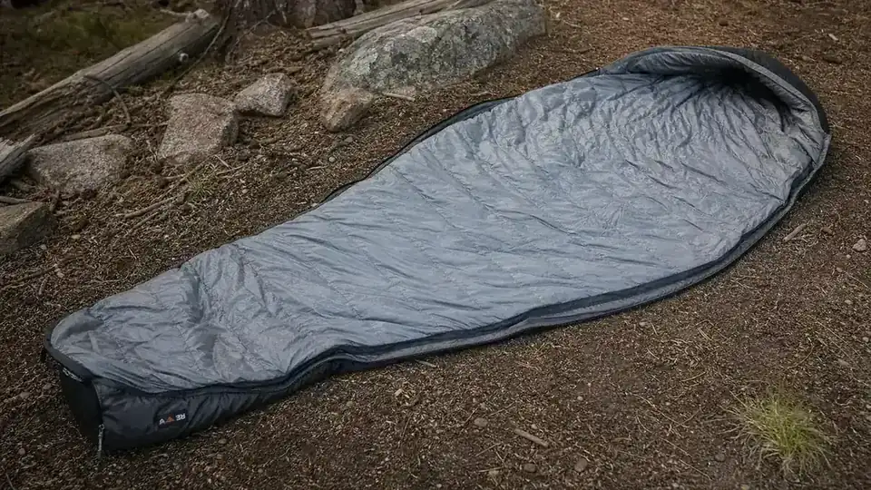 Two sleeping bags side by side in a tent showing packable size difference between mummy and rectangular styles