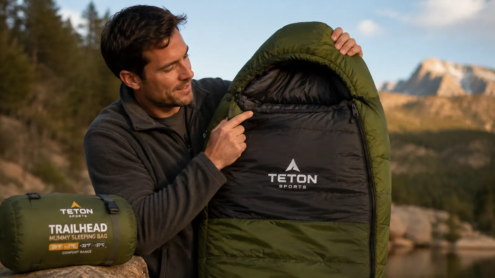 TETON Sports TrailHead sleeping bag zipped up inside a backpacking tent
